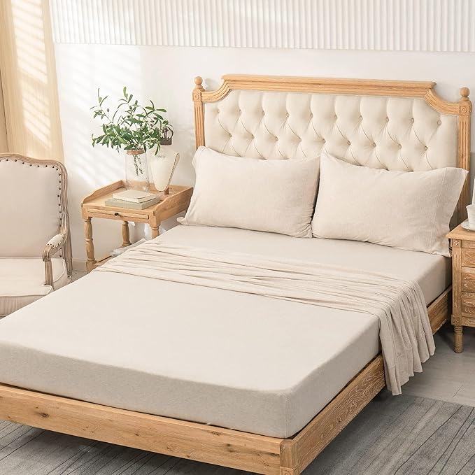 PURE ERA Jersey Knit 3pcs Bed Sheet Set 100% T-Shirt Cotton Super Soft Comfy Breathable Fits Mattress Up to 20" Extra Deep Pocket (Heather Beige, Twin XL)
