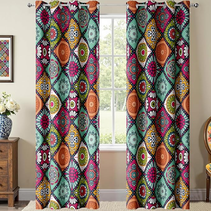 Boho Vintage Abstract Blackout Curtains, Mid Century Vintage Colorful Mandala Geometric Design Window Drapes, Living Room Bedroom Decor 2 Panels 52x84 Inch