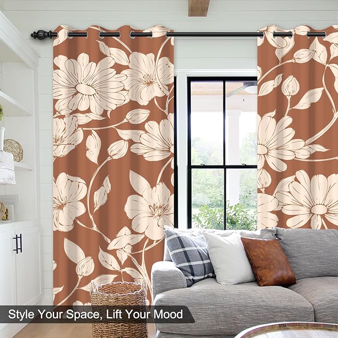 Floral Blackout Curtains for Bedroom and Living Room, Patterned Vintage Brown Bedroom Curtains 84 Inch Length 2 Panels Set, Grommet Thermal Room Darkening Drapes Soundproof and Maintain Privacy