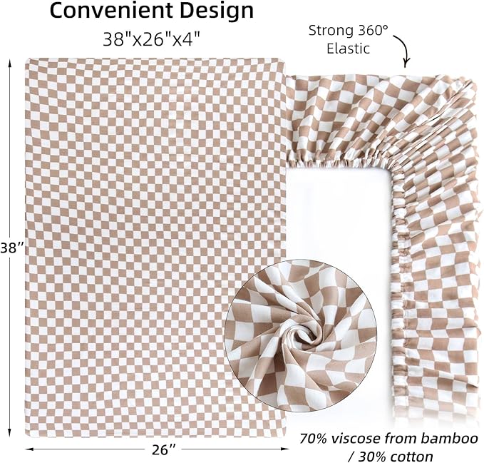 LifeTree Crib Sheets for Baby Unisex - Muslin Fitted Crib Sheets Toddler Bed Sheet, 70% Viscose from Bamboo and 30% Cotton, Coffee Checkered, 26in x 38in