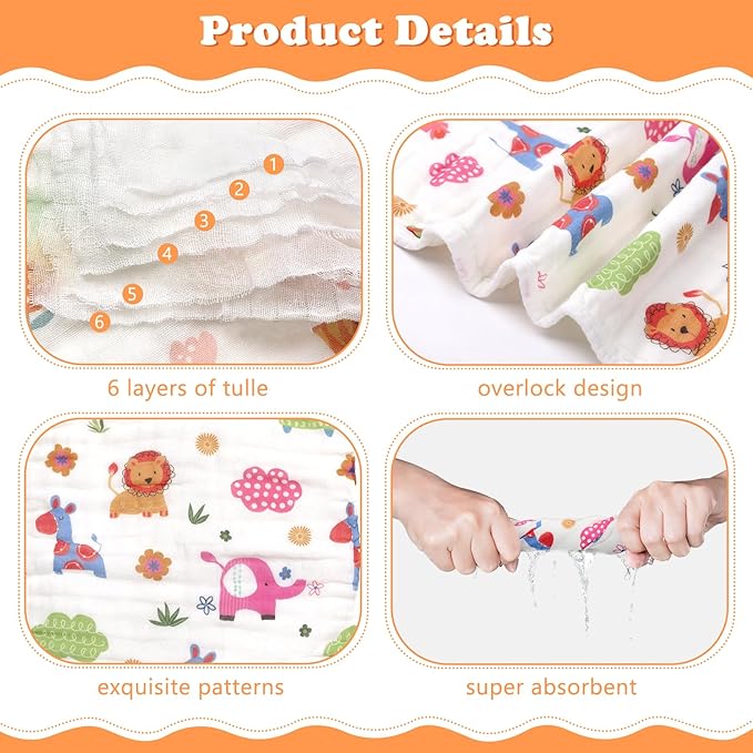 decalsweet Baby Burp Cloths Muslin Washcloths 6 Pack Muslin Burp Cloths 100% Cotton Large 20''x12'' Soft 6 Layers Baby Burp Rags for Boys Girls Baby Essentials for Newborn Gift Machine Washable
