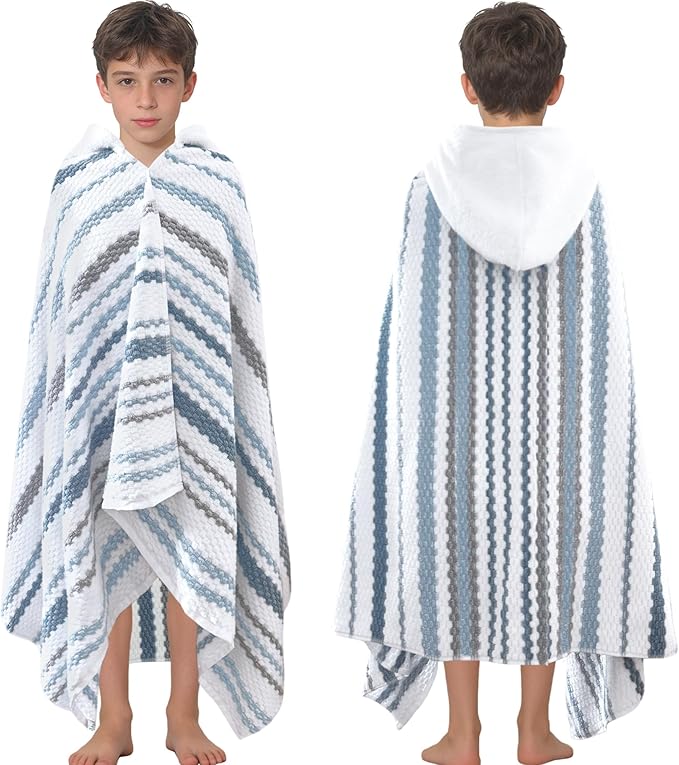 VOOVA & MOVAS Hooded Bath Towel for Teens/Big Kids (8-14 Years,64"X33") | Soft Quick Drying Absorbent 100% Cotton Thick Towel Wrap | Versatile Beach, Pool, Swim & Bathroom Cover-Up | Blue Gray Stripe