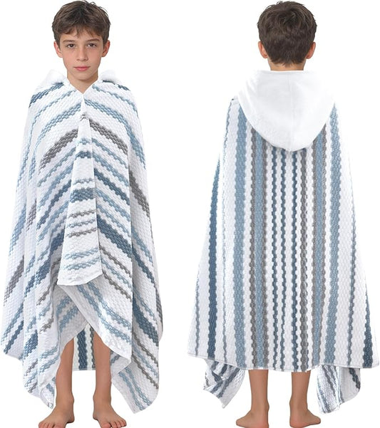 VOOVA & MOVAS Hooded Bath Towel for Teens/Big Kids (8-14 Years,64"X33") | Soft Quick Drying Absorbent 100% Cotton Thick Towel Wrap | Versatile Beach, Pool, Swim & Bathroom Cover-Up | Blue Gray Stripe