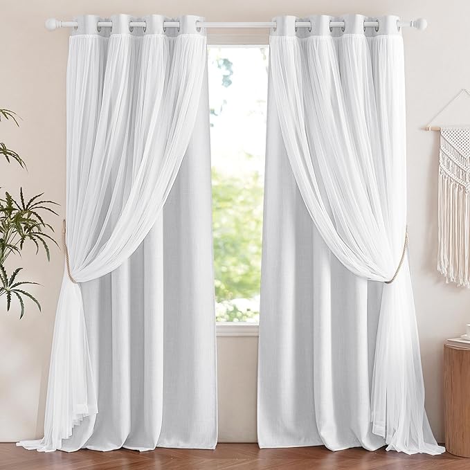 NICETOWN Linen Curtains with Sheer Overly 84 Inch Length 2 Panels for Living Room Grommet Top Farmhouse Bedroom Curtain Privacy Double Layer Curtain Drapes for Home Decor, 2 Panels, Greyish White