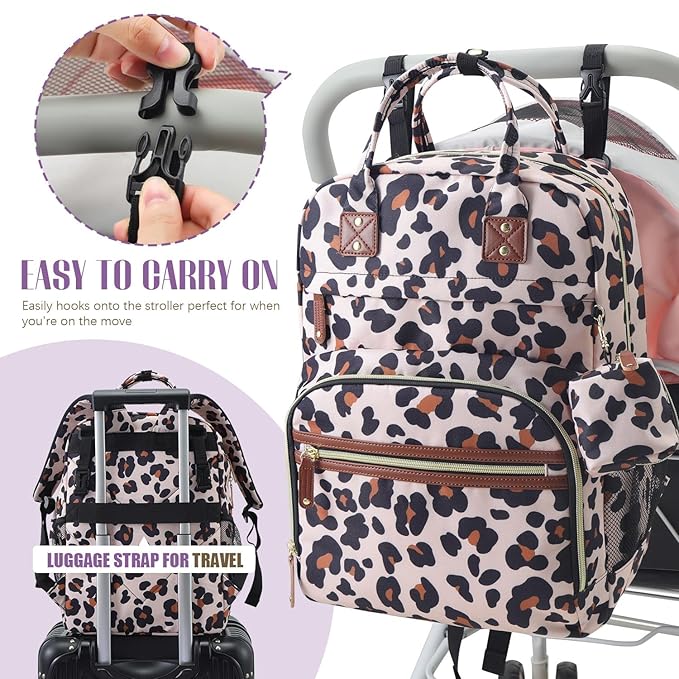 Tuwubi Diaper Bag Backpack, Baby Essentials Travel Tote Bag, Multi function Waterproof Backpacks, Travel Essentials with Stroller Straps & Pacifier Case - Leopard Print
