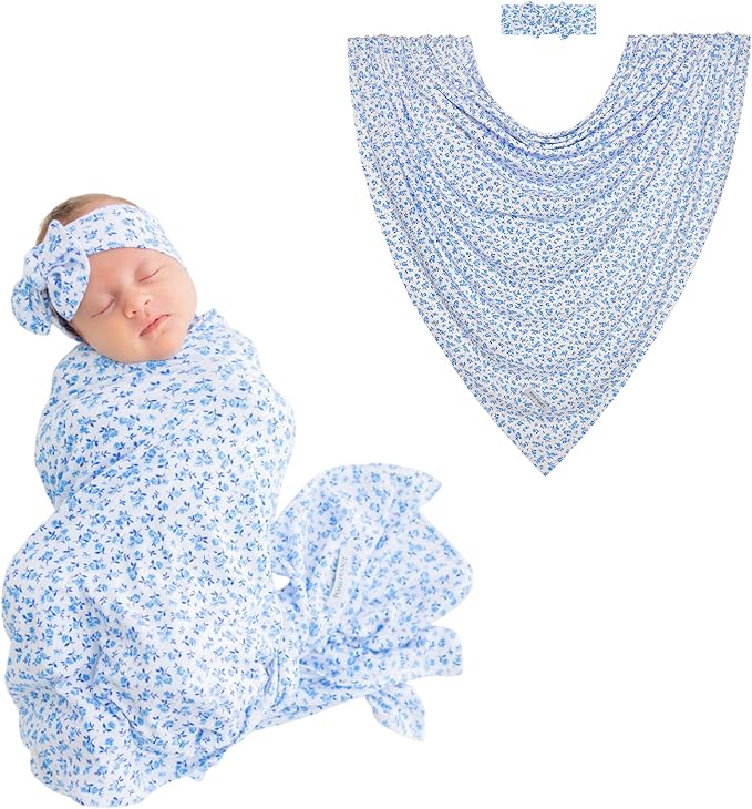 Posh Peanut Swaddle Blanket & Headband Set – Viscose from Bamboo Stretchy Baby Swaddle for Newborn Girls, Receiving Blanket or Nursing Cover