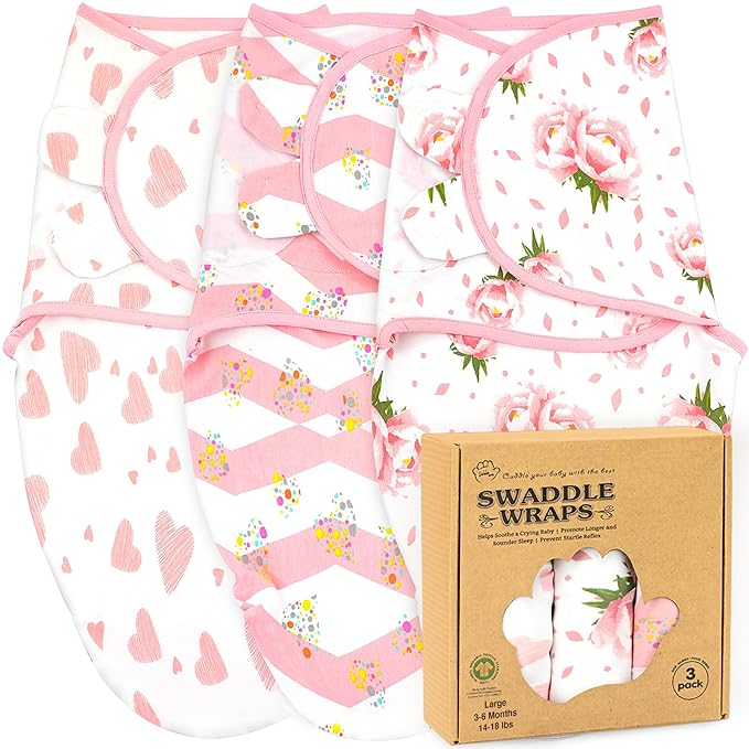 Bublo Baby Swaddles for Newborns – 3-Pack Infant Swaddles 3-6 Months – Adjustable Swaddle Sleep Sack – Soft Organic Cotton Baby Wrap for Safe & Cozy Sleep (Hearts-Flowers)