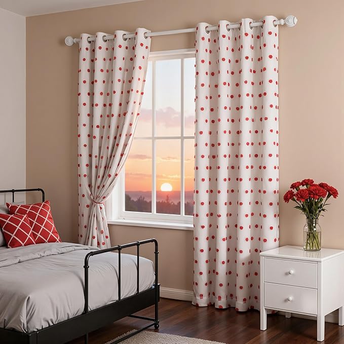 MYSKY HOME Blackout Curtains for Nursery Thermal Insulated Red Pom Pom Curtains 72 Inch Long for Girls Bedroom 2 Panels White Sheer Curtains for Dining Room Door Grommet, 52 x 72 in