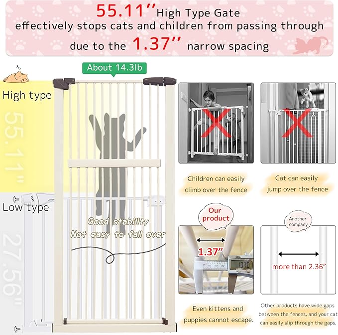 Lumizone Extra Tall Pet Gate 55.12" High Pressure Mounted 42.52"-46.64" Extra Wide (9 Sizes) 1.37" Gap for Cat Dog Stairs Doorway Hallway No Drilling Auto-Close (42.52"-46.64" W, Cream White)