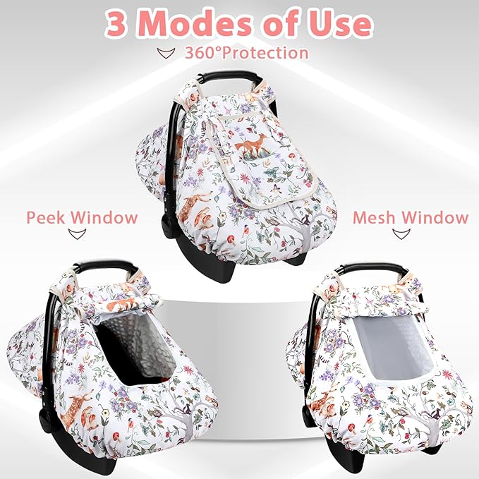 Baby Car Seat Cover, Minky Winter Infant Car Seat Cover with Windproof & Breathable Peep Window, Protects Baby from Wind & Sun (Woodland Animals)
