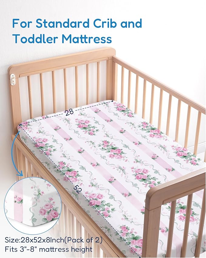 Baby Crib Sheets for Standard Crib Mattress - Pink Roses Pattern, Breathable and Soft, Safe and Snug, Fits 28''x52''x9'' Deep Pocket