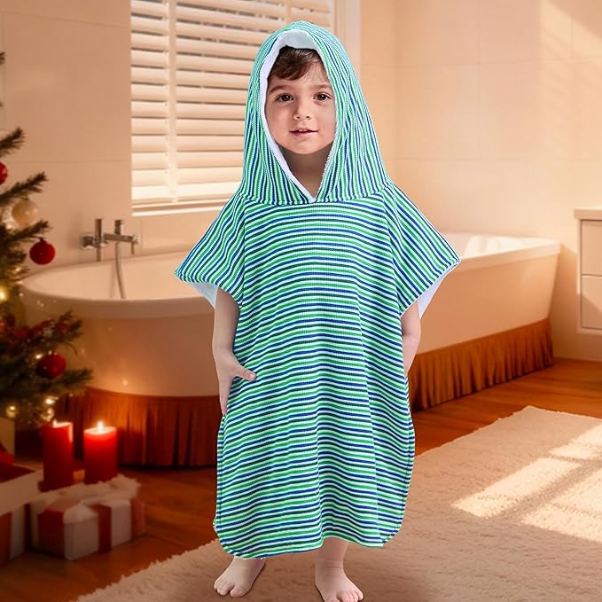 VOOVA & MOVAS Double-Layered Baby Hooded Towel Poncho (2-4 Years, 20x21 Inches) | Ultra Soft & Absorbent Cotton | Thick Toddler Bath Towel for Swimming, Beach, Shower & Winter,Green Stripe