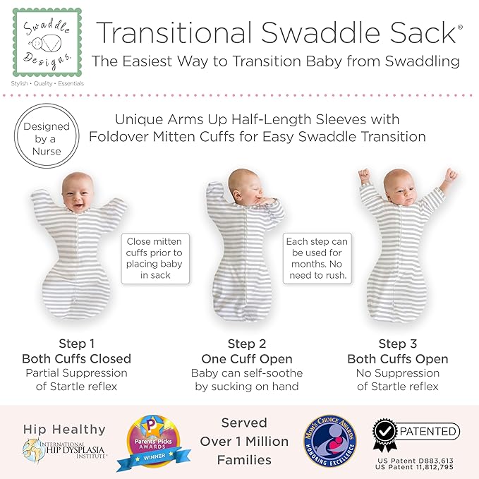 SwaddleDesigns Transitional Swaddle Sack, Arms Up Half-Length Sleeves & Mitten Cuffs, Swaddle for Newborn Transition to Baby Sleep Sack Wearable Blanket, 0-3 Month, 6-14 lb, Heathered Gray Stripes