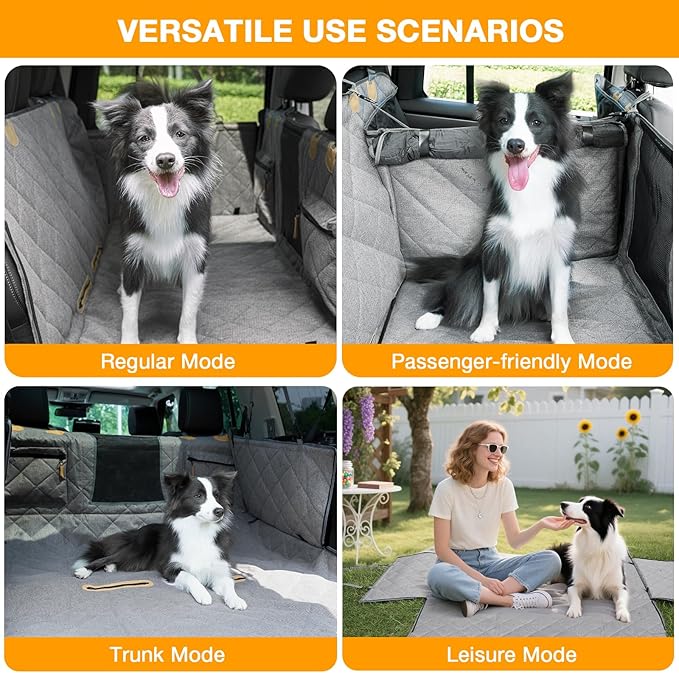 Dog Car Seat Cover, Hard-Bottom Back Seat Extender for Pets, Waterproof Nonslip Hammock for Car, Backseat Dog Bed for Cars SUVs Trucks, Car Seat Protector, Universal Fit 52 x 25 in, Grey