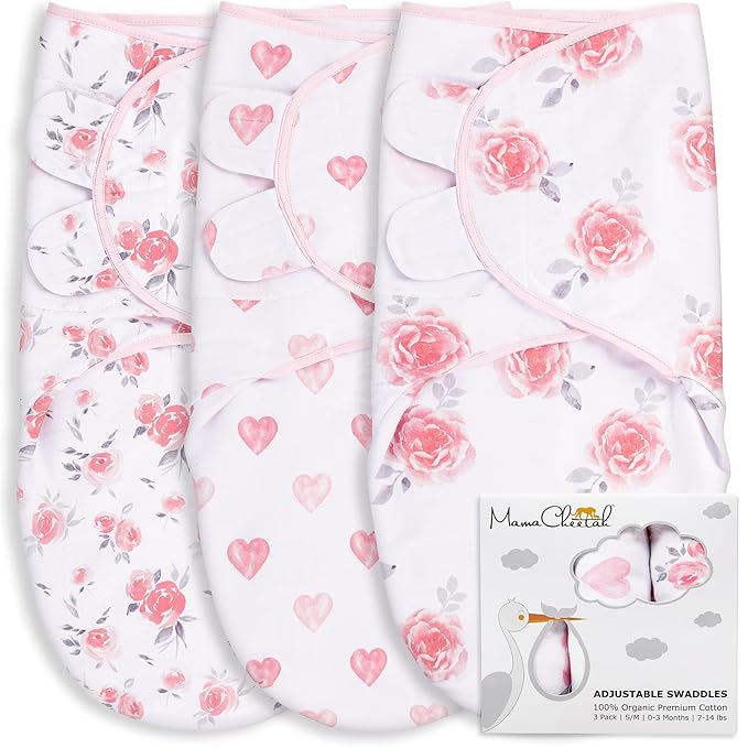 Mama Cheetah Baby Swaddle Sack, Organic Swaddle Blanket, Newborn Swaddling Sleep Sack, Adjustable Infant Swaddle Wrap, Easy Swaddles Girl 0-3 Month, Baby Essentials, 3-Pack