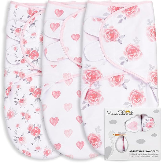Mama Cheetah Preemie Swaddle Sack, Organic Swaddling Sleep Sacks for Preemies, Swaddle Blanket Wrap, Easy Swaddles for Premature Baby Girl 4-7 lbs, Newborn Essentials, 3-Pack, Cotton, Grey/Pink