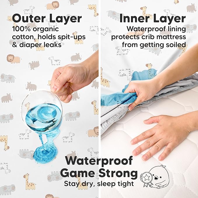 2-Pack Waterproof Crib Sheets for Boys, Girls - 52x28 Fitted Organic Cotton Baby Crib Sheets, Toddler Mattress Protector Cover, Washable, Soft & Durable Baby Bedding Essentials (Blue Flax)