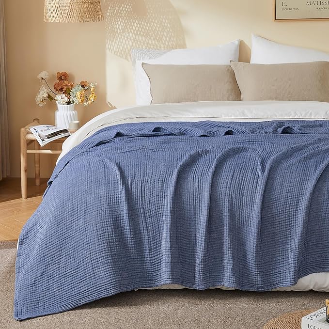 EMME Cotton Muslin King Blanket Bed Layering Bedspread Coverlet Breathable Gauze Soft Lightweight (Heather Navy, 108"x90")