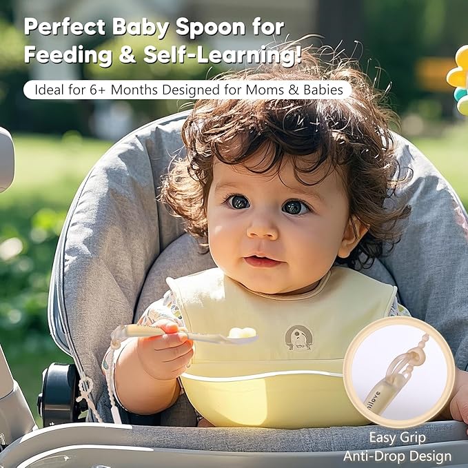 Omnilove Silicone Baby Spoons 2-Pack with Case, Self Feeding 6 Months, Baby Led Weaning Supplies, Toddler Utensils with Safety Chain, Toddler Essentials, Dishwasher Safe Baby Safety Products