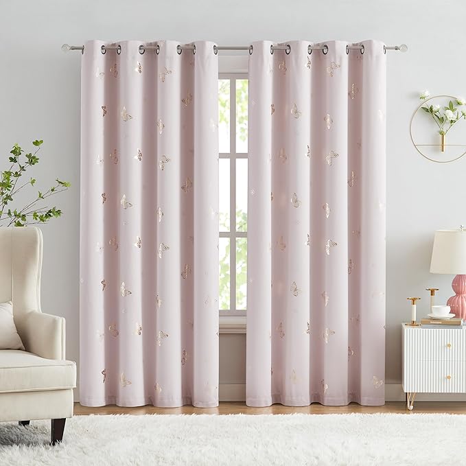 Jubilantex Pink and Gold Butterfly Blackout Curtains 95" Length for Baby Girls Nursery Bedroom 80% Blackout Grommet Window Treatment,1 Pair Lavender Pink/Baby Pink
