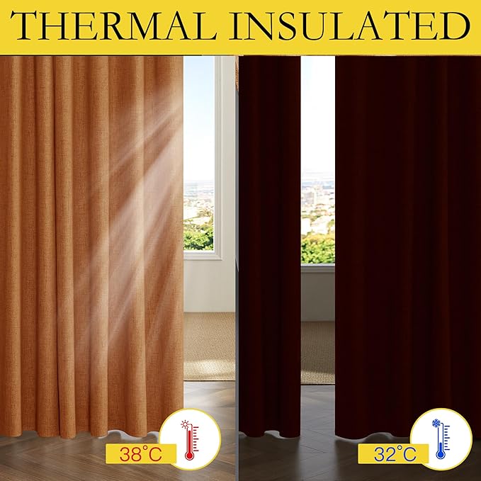 NICETOWN 100% Blackout Curtains for Living Room, W52 x L84 in, Thick Linen Blend Rod Pocket & Back Tab, Thermal Insulated Draperies with Grey Liner for Decoration(Set of 2, Pumpkin)