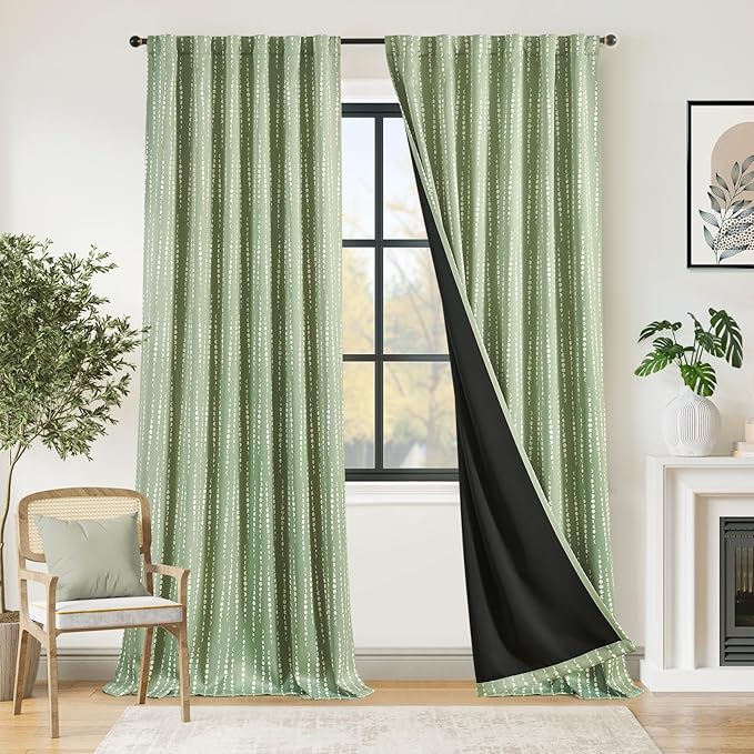 jinchan 95% Blackout Bohemian Moon Phase Print Bedroom Curtains 96 Inch Long Sage Green Pole Mouth Rear Label Insulation for Nursery Curtain Set 2 Panels