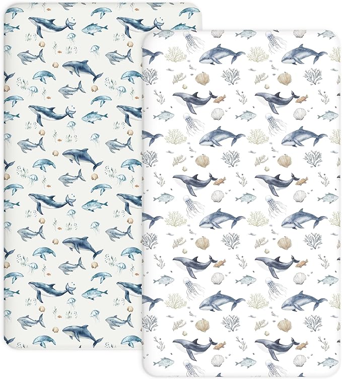 Crib Sheets for Boys and Girls, 2 Pack Fitted Baby Sheets for Standard Toddler Mattress 28" x 52", Soft Breathable Jersey Knit Baby Bedding (Aquatic Adventures)