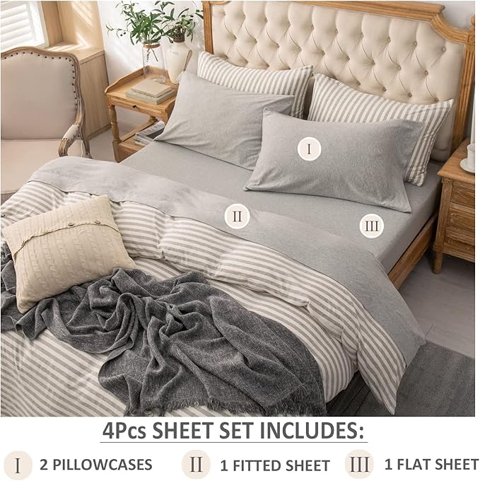 PURE ERA Jersey Knit 4pc Bed Sheet Set 100% T-Shirt Heather Cotton Super Soft Comfy Breathable Fits Mattress Up to 20" Extra Deep Pocket (Heather Light Grey, Queen)