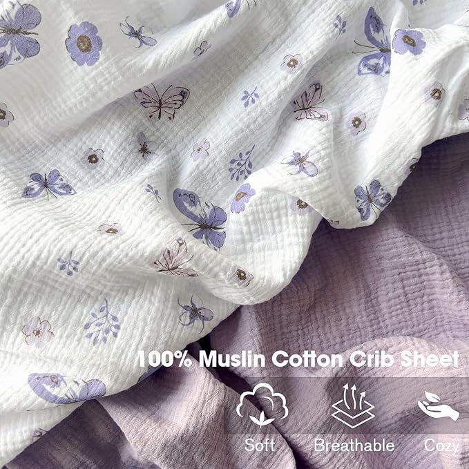 Little Grape Land Muslin Crib Sheets Fitted for Boys and Girls 2 Pack, 100% Cotton Baby Bed Sheets Soft Breathable, Neutral Fitted Baby Mattress Sheets for Standard Crib 52x28 inches, Purple Butterfly