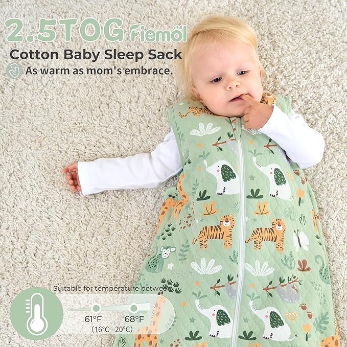 FIEMOL Baby Sleep Sack 6-12 Months 2.5 TOG, Winter Cotton Sleepsack Newborn and Infant, Warm Quilted Baby Wearable Blanket, Baby Sleeping Bag with 2-Way Zipper Green Animal