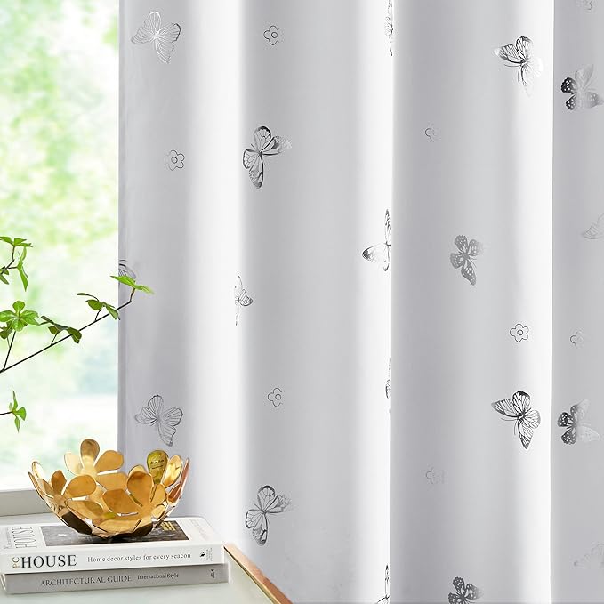 Jubilantex White Silver Butterfly Blackout Curtains 84 Inches Long for Bedroom Kids Bedroom Nursery Floral Print Window Curtains Grommet Top,2 Panels