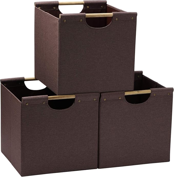HOONEX Collapsible Storage Bins, 13x13x13 Inches Storage Cubes Linen Fabric, 3 Pack, Storage Baskets with Wooden Carry Handles and Sturdy Heavy Cardboard, for Home, Office, Car, Nursery, Brown