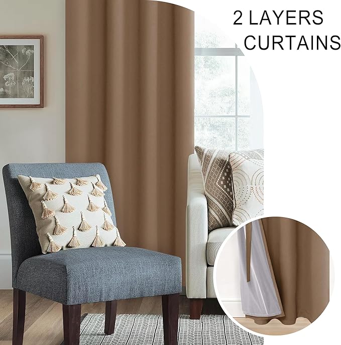 XWZO 100% Blackout Curtains with Tiebacks- 2 Thick Layers Completely Shaded Window Treatment Thermal Insulated Lined Drapes with Grommets for Bedroom/Patio Door, Cappuccino, W52 x L63, Set of 2