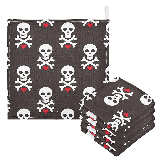 Baby Washcloths Cotton Skull Red Heart Baby Muslin Washcloths Soft Baby Face Towel for Newborn Infants Baby Wipes, 11.8 X 11.8 Inch, 5 Pack