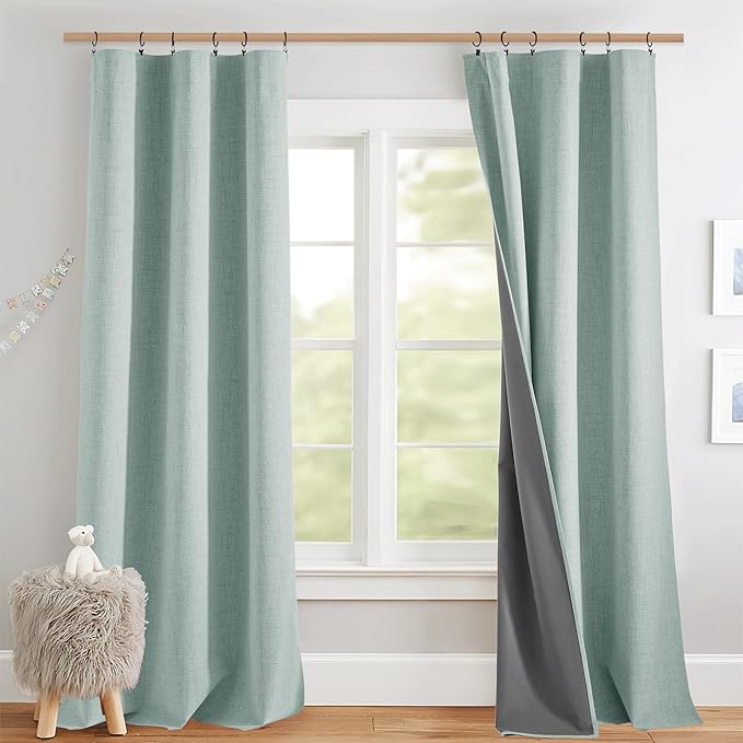 NICETOWN Seafoam Green 100% Blackout Back Tab Curtains 84" Long 2 Panels, Boho-Chic Thick Linen Blend Drapes, Thermal Insulated Window Draperies with White Backing for Living Room (42" Wide)
