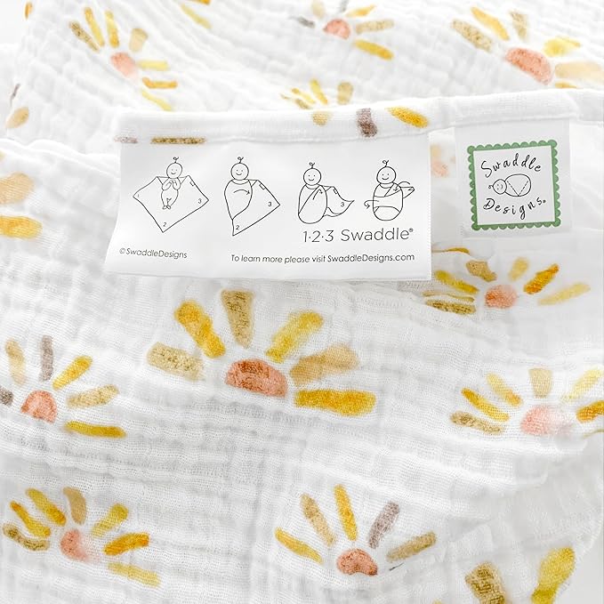 SwaddleDesigns Cotton Muslin Swaddle Blankets, Set of 4, Receiving Blanket for Newborn Babies, Baby Registry & Gift, 46x46 Inches, Watercolor Sunny Days