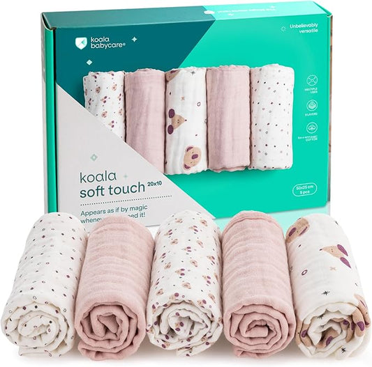 Koala Babycare 5 Pack 20"x10" Muslin Burp Cloths for Baby Boys and Girls - GOTS & Oeko-TEX Cotton Burp Rags for Newborns - Absorbent Neutral Burping Cloths for Feeding - Washable Baby Bibs Essentials