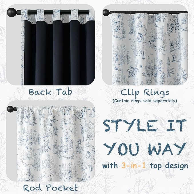 jinchan Blackout Nursery Curtains 63 Inches Long, Bunny Woodland Toile Curtains Blue on Beige Animal Printed Drapes for Bedroom Thermal Insulated Farmhouse Rod Pocket Window Treatment 2 Panels