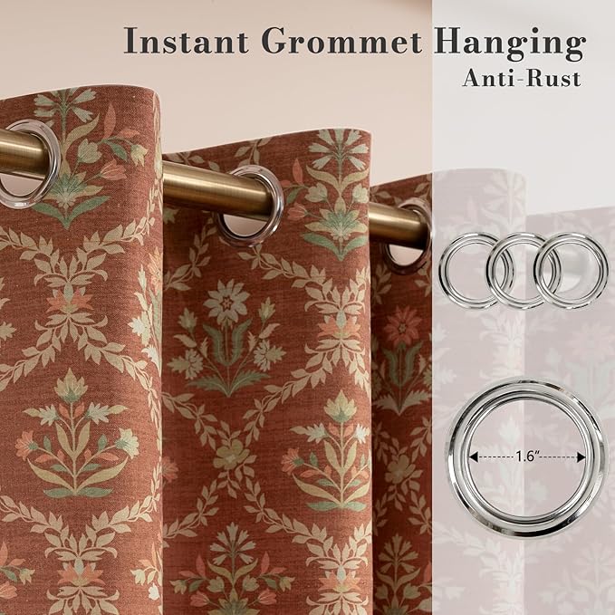 ColorBird Floral Blackout Long Curtains for Slding Door Burnt Orange Thermal Curtains for Winter Insulated 96 Inches Long Patterned Farmhouse Vintage Drapes for Bedroom Living Room