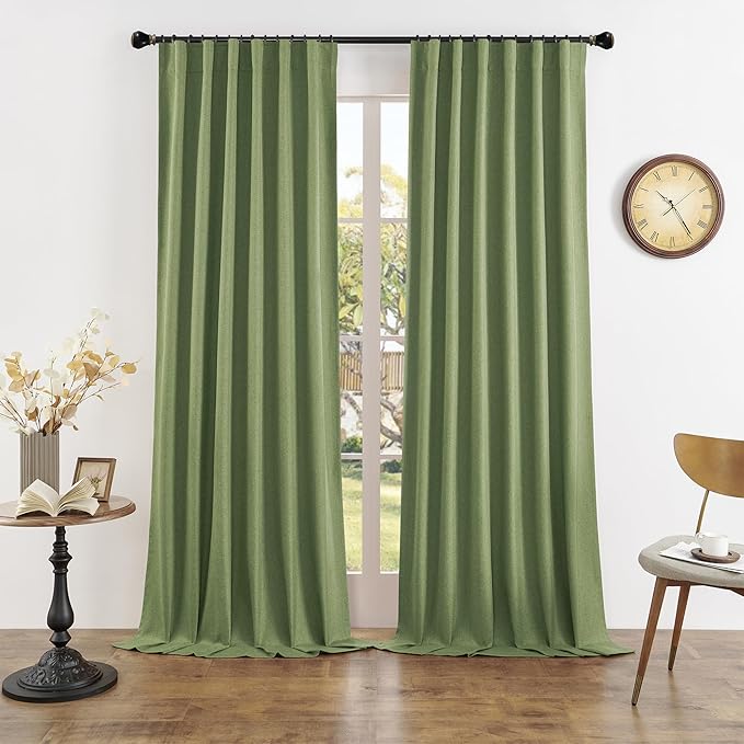 DUALIFE Extra Long Blackout Linen Curtains120 Inches Long, Back Tab Loop Pocket Hook Belt Room Darkening Drapes for High Ceiling Loft Living Room 50 x 120 Inch, 10 FT Tall, 2 Panels, Sage Green