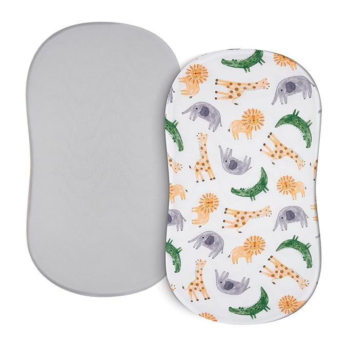 TILLYOU Baby Bassinet Sheets for Girls Boys 2 Pack Baby Sheets for Square Rectangle Oval Bassinet Mattress 33X16 Inch, African Steppe & Grey