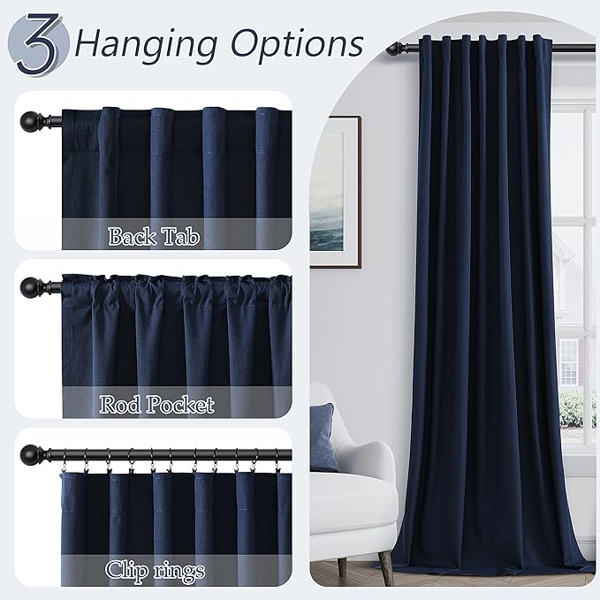 Guken Navy Blue 100% Blackout Curtains 90 Inch Length 2 Panels Set for Living Room Bedroom Back Tab Thermal Insulated Black Out Linen Drapes Room Darkening Window Curtains 90 Inches Long