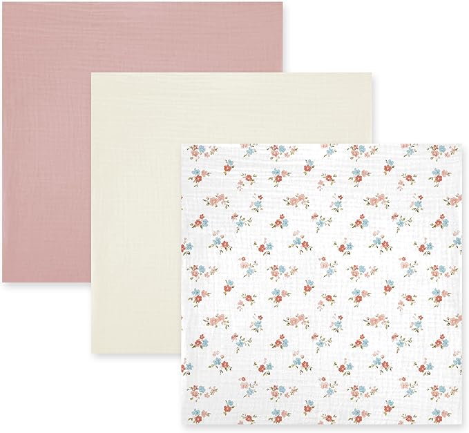 3-Pack 100% Cotton Muslin Swaddle Blankets, Large 47 x 47 Inches — Breathable Soft Receiving Blankets for Newborns, Swaddling Wraps, Registry Gift (Pink Floral Garden)