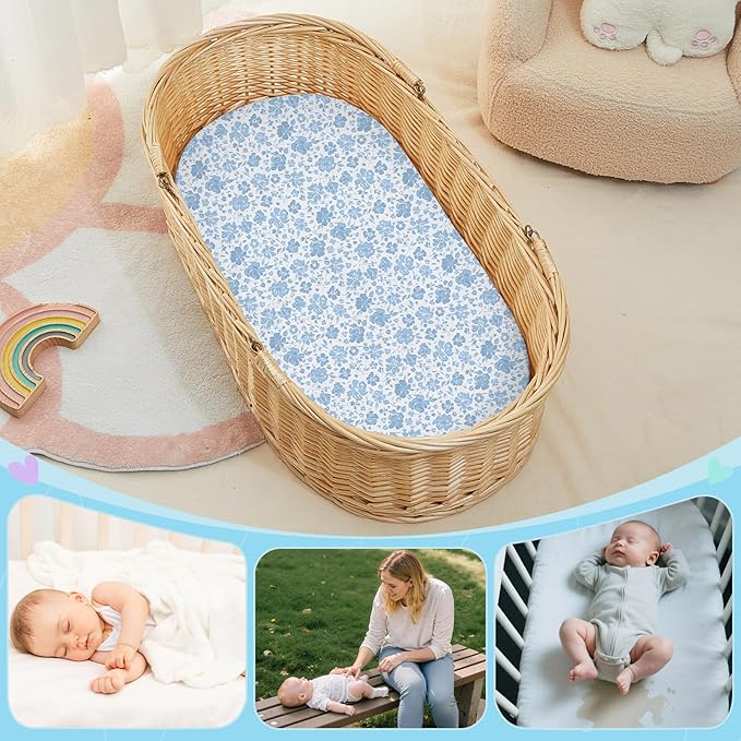 FIOBEE Baby Bassinet Sheets for Girls Boys 2 Pack Waterproof Bassinet Mattress Elastic Fitted Crib Sheets Universal Fit for Hourglass Oval and Rectangle Bassinet Sheet, Blue