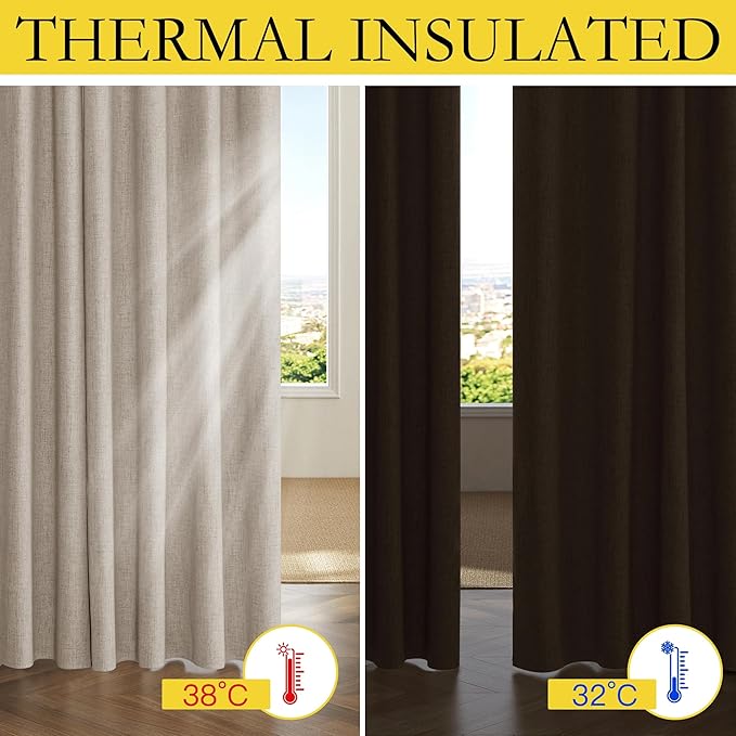NICETOWN Natural Thick Linen Blend 100% Blackout Curtains with Grey Liners, Rod Pocket Back Tab Thermal Insulated Flax Textured Full Blackout Window Draperies for Kitchen (2 Panels, 42" W by 63" L)