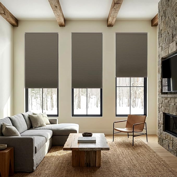LazBlinds Cordless Cellular Shades, No Tools No Drill Blackout Honeycomb Shades Pleated Blinds for Windows, 33" W x 64" H, Dark Coffee