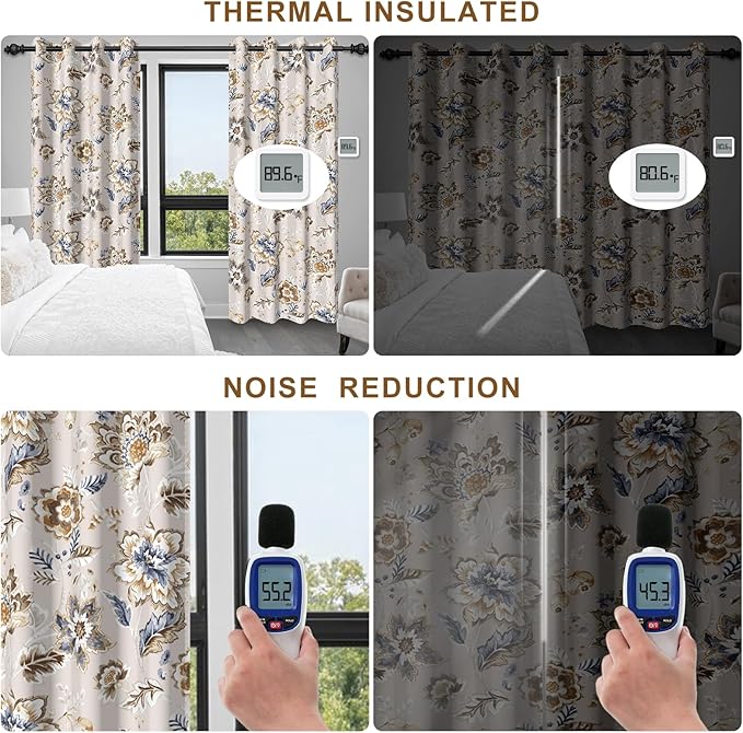 Floral Blackout Curtains for Bedroom and Living Room, Room Darkening Soundproof Thermal Insulated Blackout Curtains for Winter, Grommet Farmhouse Black Out Window Curtains 84 Inch Length 2 Panels Set