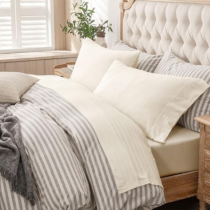 PURE ERA Jersey Knit 4pc Bed Sheet Set 100% T-Shirt Cotton Super Soft Comfy Breathable Fits Mattress Up to 20" Extra Deep Pocket (Solid Creamy White, King)