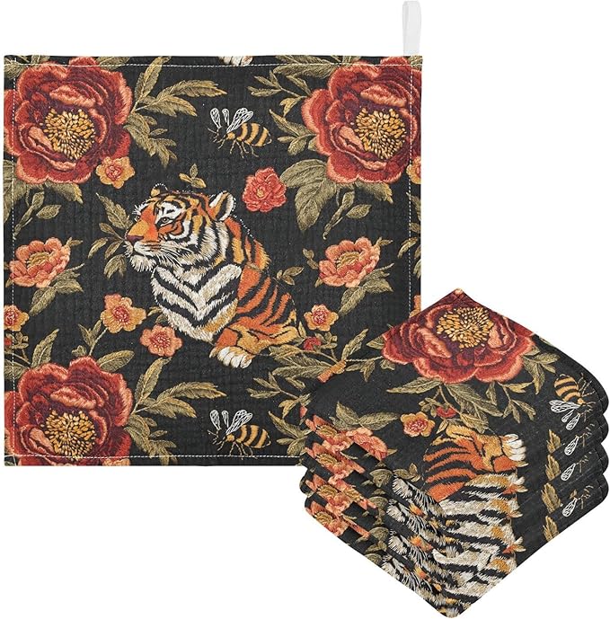 vvfelixl Baby Muslin Washcloths Tiger Bee Flower Baby Burp Cloths Cotton Babys Face Towel for Newborn Infants Boys Girls Soft and Absorbent 11.8 X 11.8 in, 3 Pack