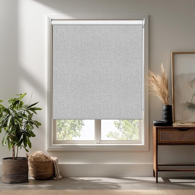 Allbright Linen Roller Shades with Wand Rod, Cordless Fabric Roller Blinds with Thermal Insulated, 100% Blackout Window Shades for Home, Office, Bedroom, Grey, 37" W x 72" H
